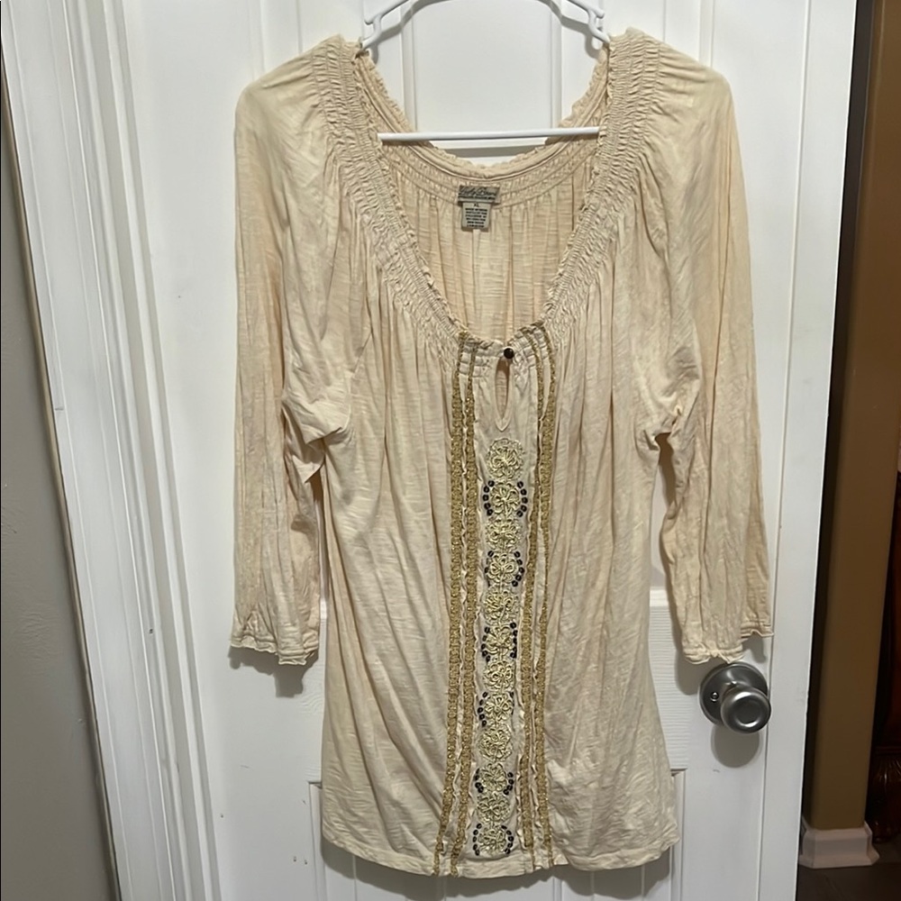 Lucky Brand Cream Smocked 3/4 sleeves tunic